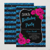 Verjaardag Zwart Blauw Strepen Glitter Roze Rozen Kaart (Voorkant / Achterkant)