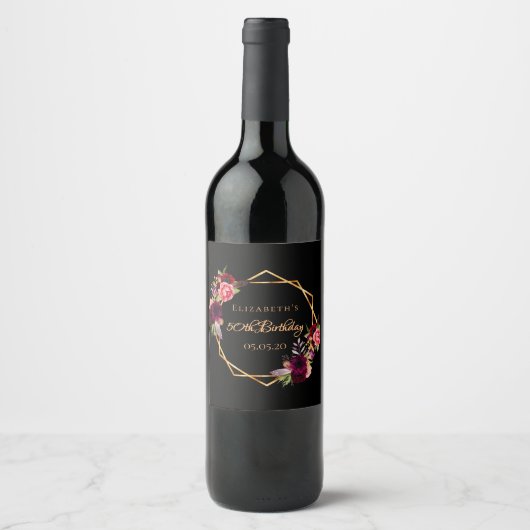 Verjaardag zwart bordeaux goud geometrische bloeme wijn etiket (Voorkant)