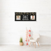 Verjaardag Zwart Goud 2 Foto Confetti Lights Spandoek (Insitu)