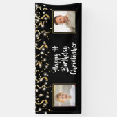 Verjaardag Zwart Goud 2 Foto Confetti Lights Spandoek (Verticaal)