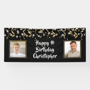 Verjaardag Zwart Goud 2 Foto Confetti Lights Spandoek