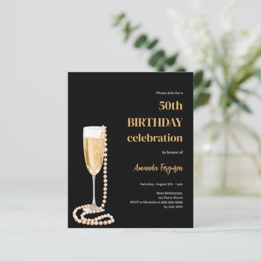 Verjaardag zwart goud bubbel wijn parels uitnodigi (Staand voorkant)