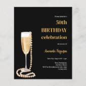 Verjaardag zwart goud bubbel wijn parels uitnodigi (Voorkant)