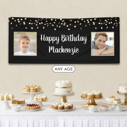Verjaardag Zwart Goud Confetti 2 Foto Script Spandoek