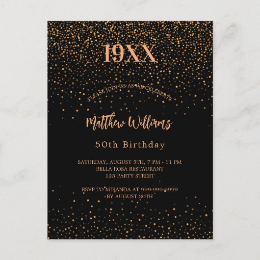 Verjaardag zwart goud confetti jaar geboorte uitnodiging briefkaart (Voorkant)
