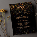 Verjaardag zwart goud confetti jaar geboorte uitnodiging briefkaart<br><div class="desc">Een moderne,  elegante en uitnodiging. Een zwarte achtergrond versierd met gouden confetti. Personaliseer en voeg geboortejaar,  naam en details toe.</div>