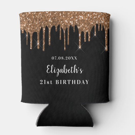 Verjaardag zwart goud glitter druppels monogram blikjeskoeler (Achterkant)