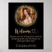 Verjaardag zwart goud glitter foto welkom poster (Voorkant)