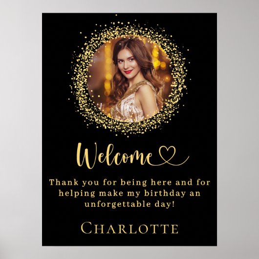 Verjaardag zwart goud glitter foto welkom poster (Voorkant)