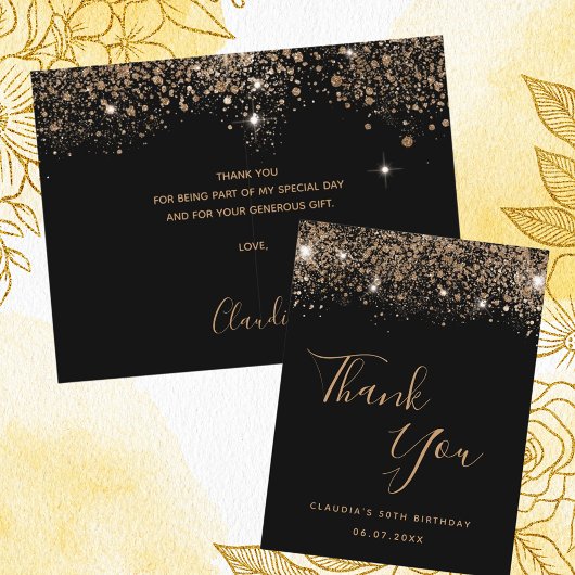 Verjaardag zwart goud glitter glamoureus bedankt briefkaart
