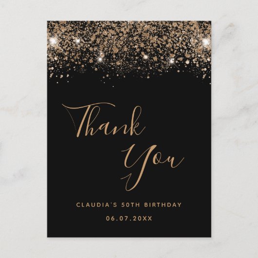 Verjaardag zwart goud glitter glamoureus bedankt briefkaart (Voorkant)