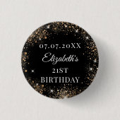 Verjaardag zwart goud glitter naam datum ronde button 3,2 cm (Voorkant)