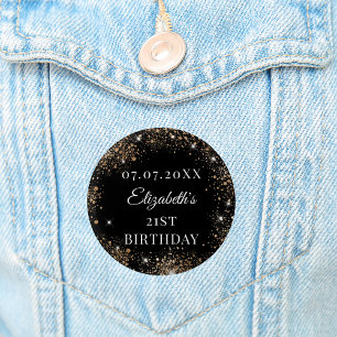 Verjaardag zwart goud glitter naam datum ronde button 3,2 cm