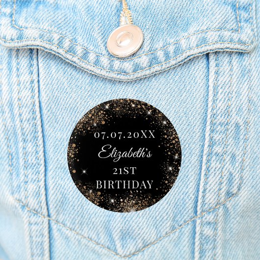 Verjaardag zwart goud glitter naam datum ronde button 3,2 cm