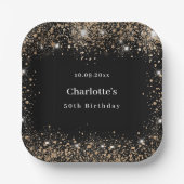 Verjaardag zwart goud glitter naam papieren bordje (Voorkant)