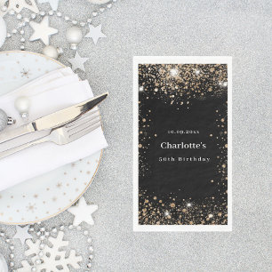 Verjaardag zwart goud glitter naam servet