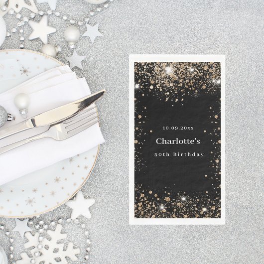Verjaardag zwart goud glitter naam servet