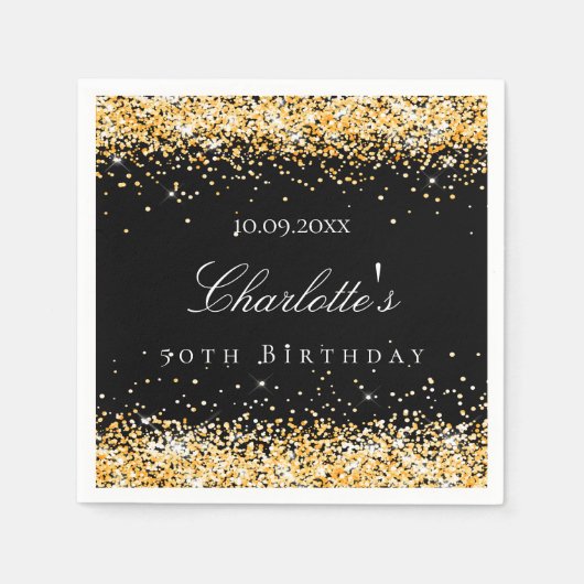 Verjaardag zwart goud naam elegant servet (Voorkant)