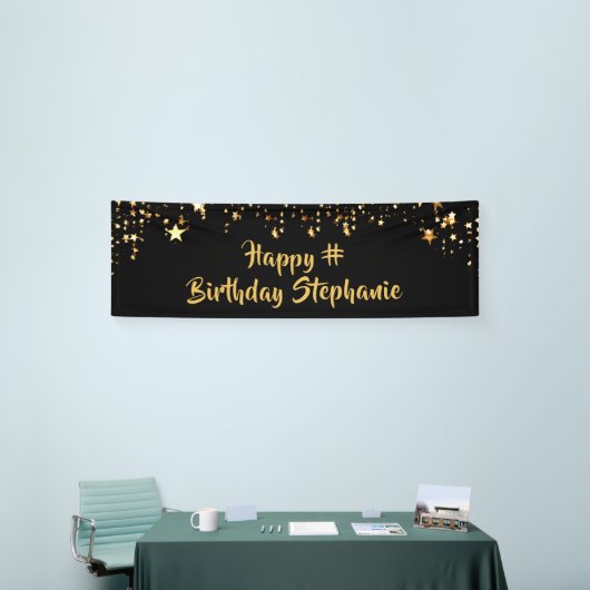 Verjaardag Zwart Goud Sterren Borstel Script perso Spandoek (Beurs)