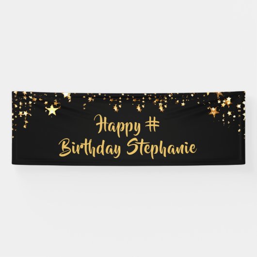 Verjaardag Zwart Goud Sterren Borstel Script perso Spandoek (Horizontaal)