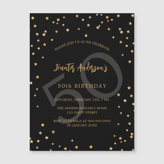 Verjaardag zwart goud sterren nummer luxe magnetische uitnodiging (Voorkant)