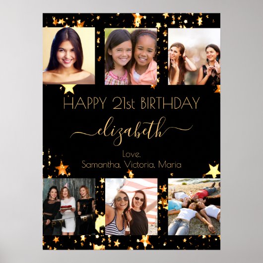 Verjaardag zwart goud sterren vriend foto collage poster (Voorkant)