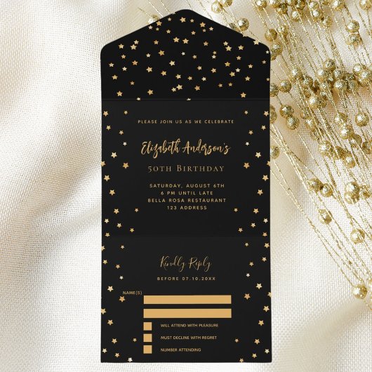Verjaardag zwart gouden sterren feest RSVP All In One Uitnodiging