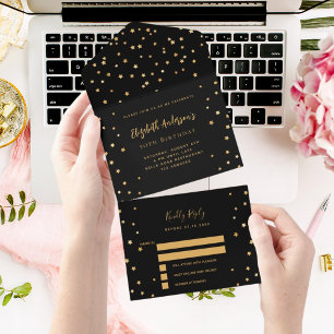 Verjaardag zwart gouden sterren feest RSVP All In One Uitnodiging