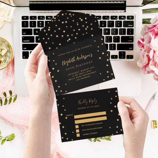 Verjaardag zwart gouden sterren feest RSVP All In One Uitnodiging