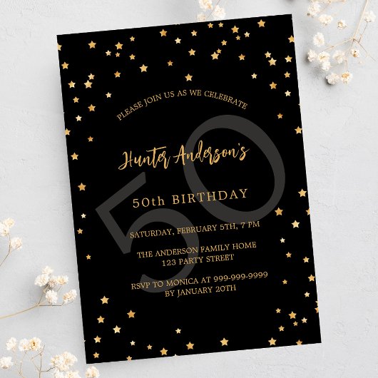Verjaardag zwart gouden sterren nummer uitnodiging briefkaart