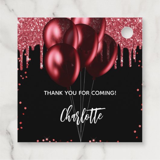 Verjaardag zwart rood glitter ballonnen bedankjes labels (Achterkant)