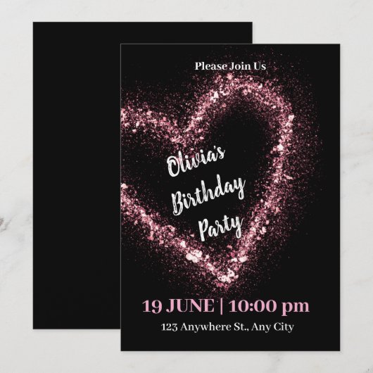 Verjaardag zwart Roos Glitter Uitnodiging (Voorkant / Achterkant)