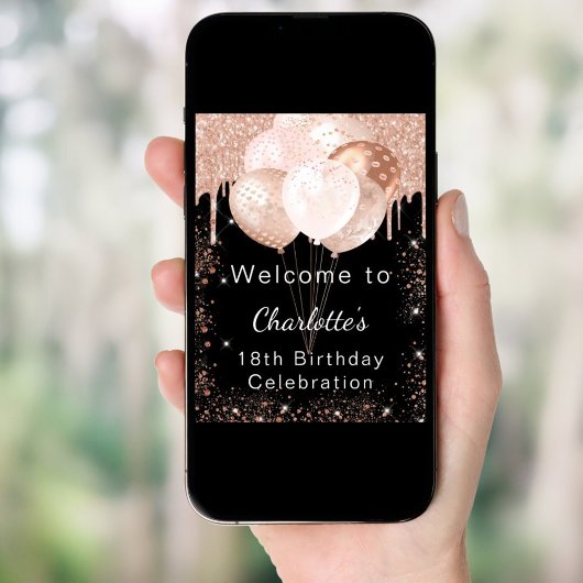 Verjaardag zwart roos gouden ballonnen welkom poster