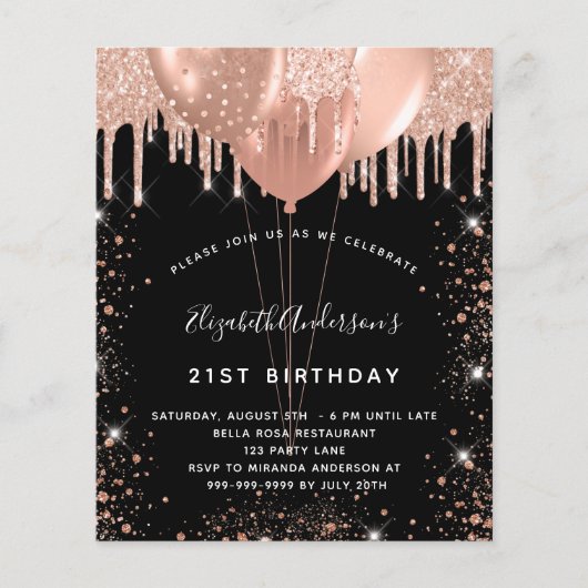 Verjaardag zwart roos gouden budgetballonnen flyer (Voorkant)