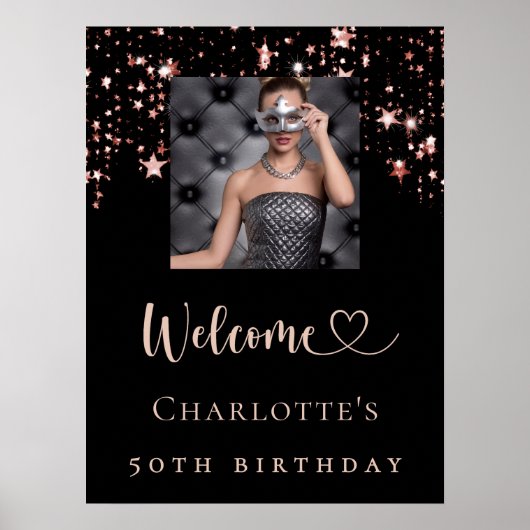 Verjaardag zwart roos gouden foto sterren welkom poster (Voorkant)