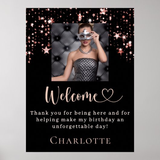 Verjaardag zwart roos gouden foto sterren welkom poster (Voorkant)