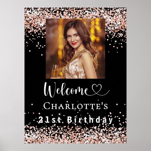 Verjaardag zwart roos gouden foto welkom poster (Voorkant)