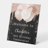 Verjaardag zwart roos gouden glitter party welkom reclamebord met voetstuk (Voorkant)