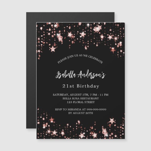 Verjaardag zwart roos gouden sterren luxe magnetische uitnodiging (Voorkant / Achterkant)