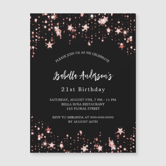 Verjaardag zwart roos gouden sterren luxe magnetische uitnodiging (Voorkant)