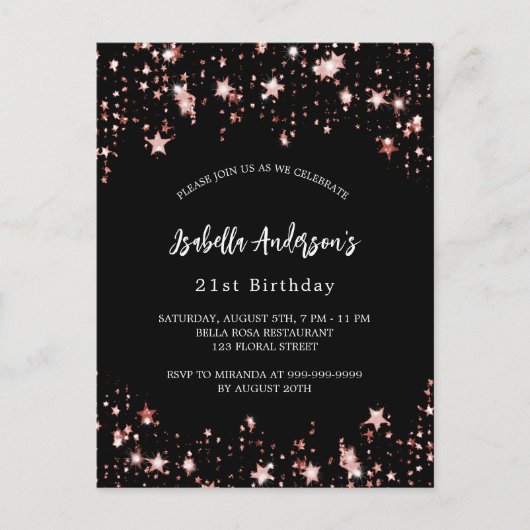 Verjaardag zwart roos gouden sterren uitnodiging briefkaart (Voorkant)