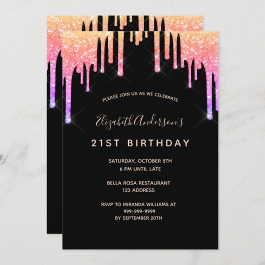 Verjaardag zwart roze goud druppels kaart (Voorkant / Achterkant)