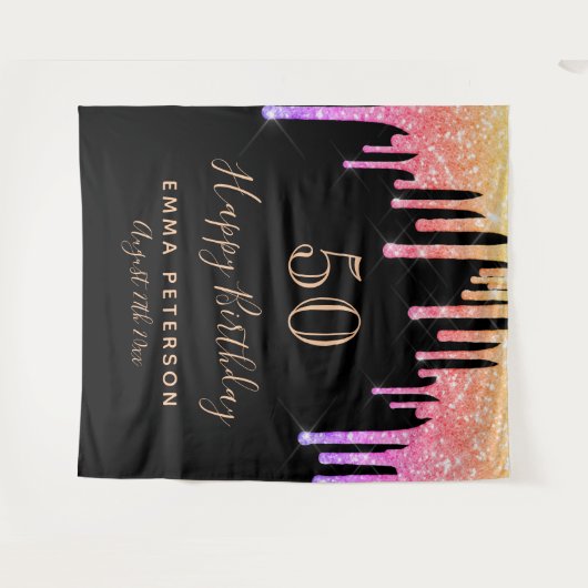 Verjaardag zwart roze goud glitter druppels wandkleed (Voorkant (horizontaal))