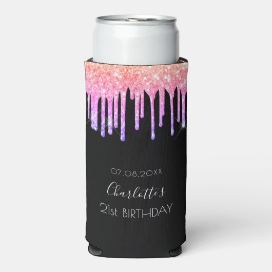 Verjaardag zwart roze paarse glitter druppels fees seltzer blikjeskoeler (Seltzer Voorkant)