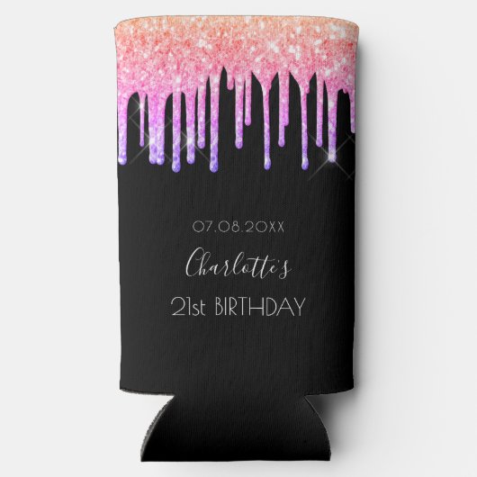 Verjaardag zwart roze paarse glitter druppels fees seltzer blikjeskoeler (Achterkant)