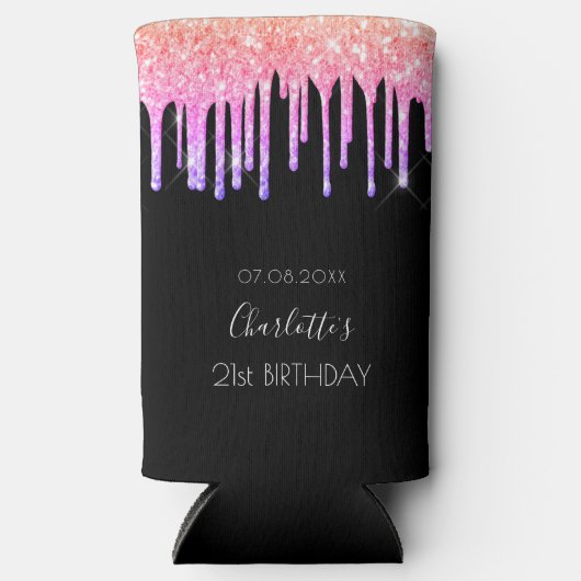 Verjaardag zwart roze paarse glitter druppels fees seltzer blikjeskoeler (Voorkant)