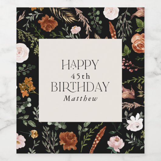 Verjaardag zwart terracotta florale moderne botani wijn etiket (Enkel label)