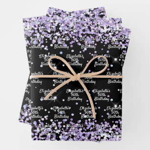 Verjaardag zwart violet lavendel glitter naam inpakpapier vel