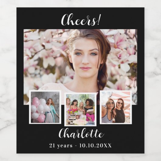 Verjaardag zwart wit foto collage gejuich wijn etiket (Enkel label)