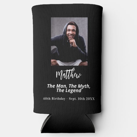 Verjaardag zwart wit foto man myth legende seltzer blikjeskoeler (Voorkant)